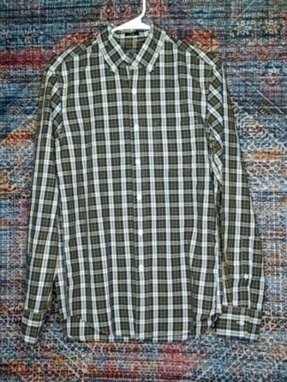 JCREW mens navy green white brown SLIM FLEX plaid button S EUC